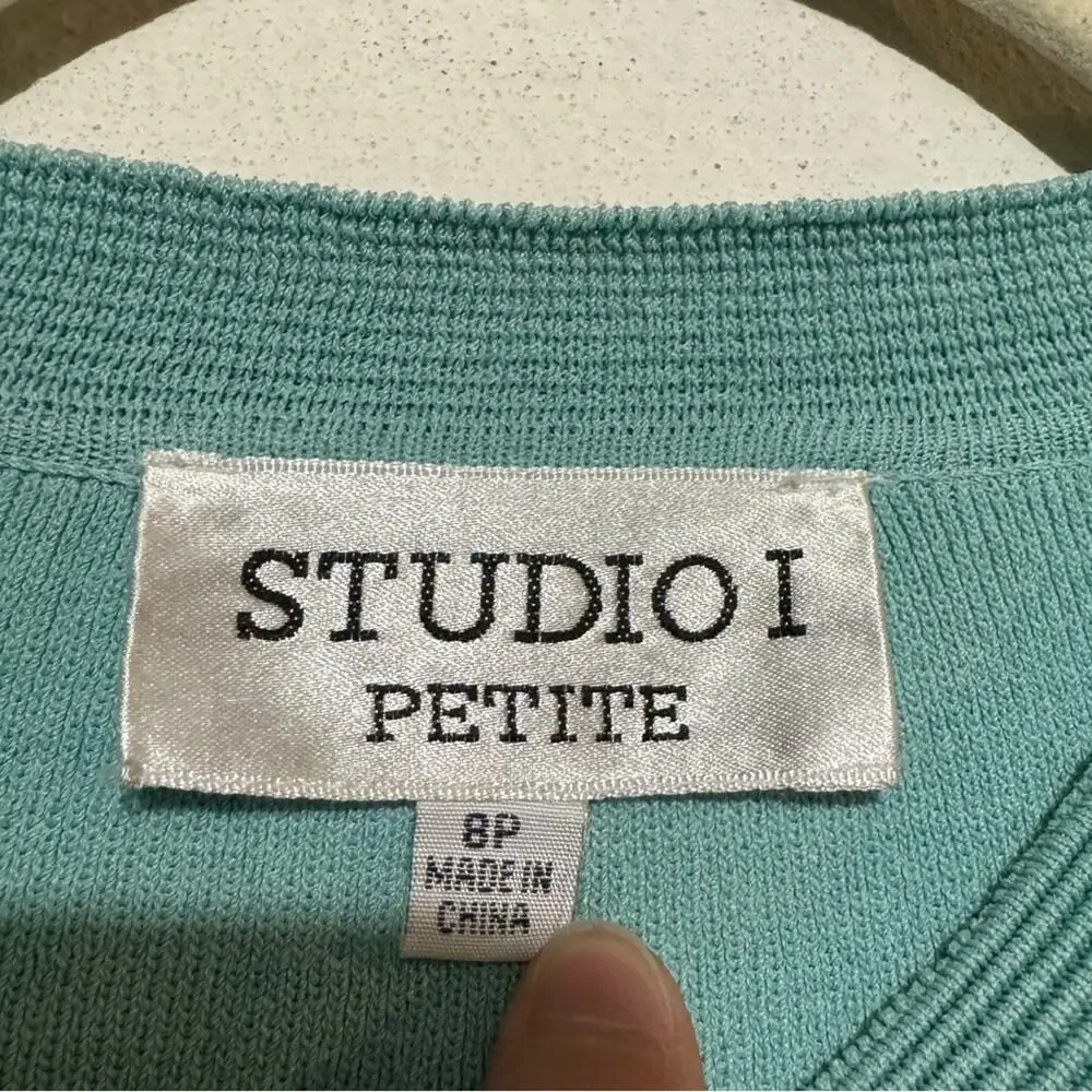 Studio I‎ Mint Teal Brown Polka Dot Long Modest Fit Flare Dress Sweater Size 8